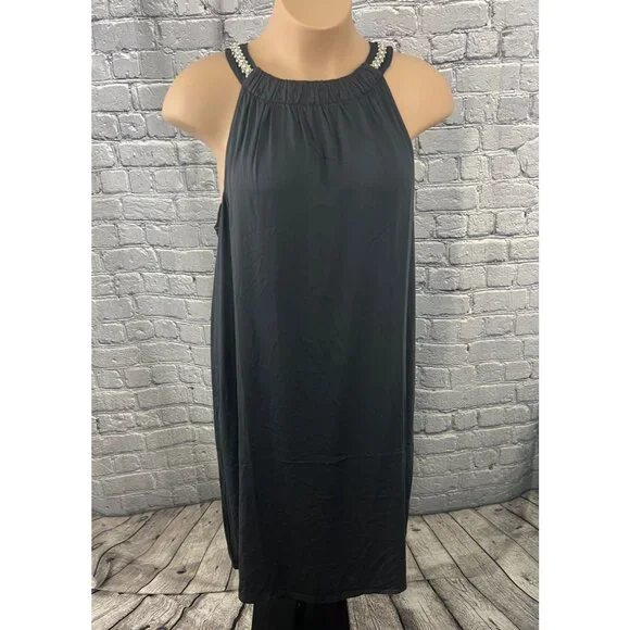 J. Jill NWT 2X Black Halter Dress Beaded Strap Sleeveless Shift Knee Length - Picture 1 of 10